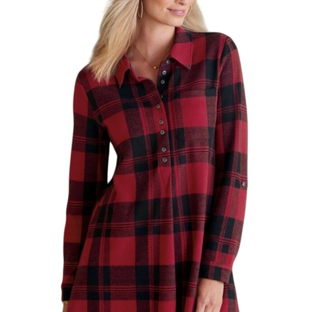 Soft Surroundings Mad About Plaid Top Womens Size 2X Red Black Preppy Soft Tunic